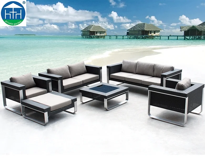 Luxury aluminum PE rattan outdoor furniture patio villa garden sofa lounge with brushed aluminum legs