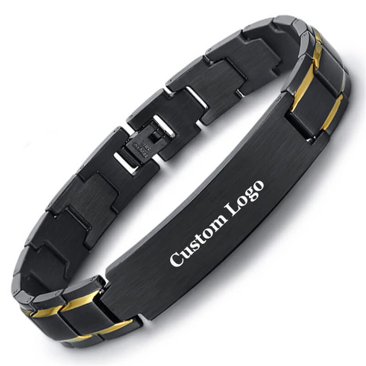 Energinox Black Blank Plate Engravable Stainless Steel Id Bracelet For Men