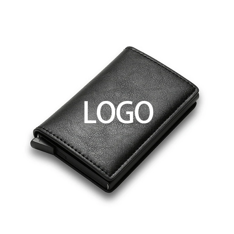 Custom Design logo Rfid Blocking Function Pu Leather Automatic Pop Up Credit Card Holder Case Wallet With Metal Card Box