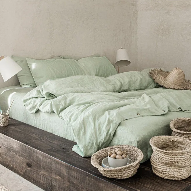 Pure Linen Sheet Sets Stone Washed Natural French Flax King Size 4Pcs 2Piping Pillowcases 1Fitted Sheet 1Flat Sheet Bedding Soft