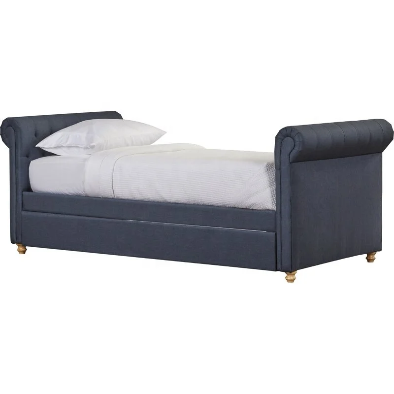 Classic Design Crafted Linen Fabric Twin Bed Upholstered Daybed with Rollaway Trundle Bed