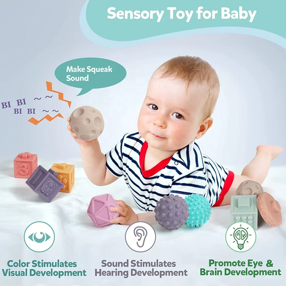 Montessori toy baby soft silicone ball stacking rings 3D cubes building blocks stacking toy set for infant sensory education toy