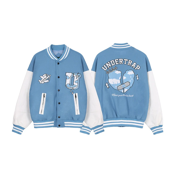 European and American  brand hip-hop flocking baseball uniform jacket men and women campus style street loose PU leather jac