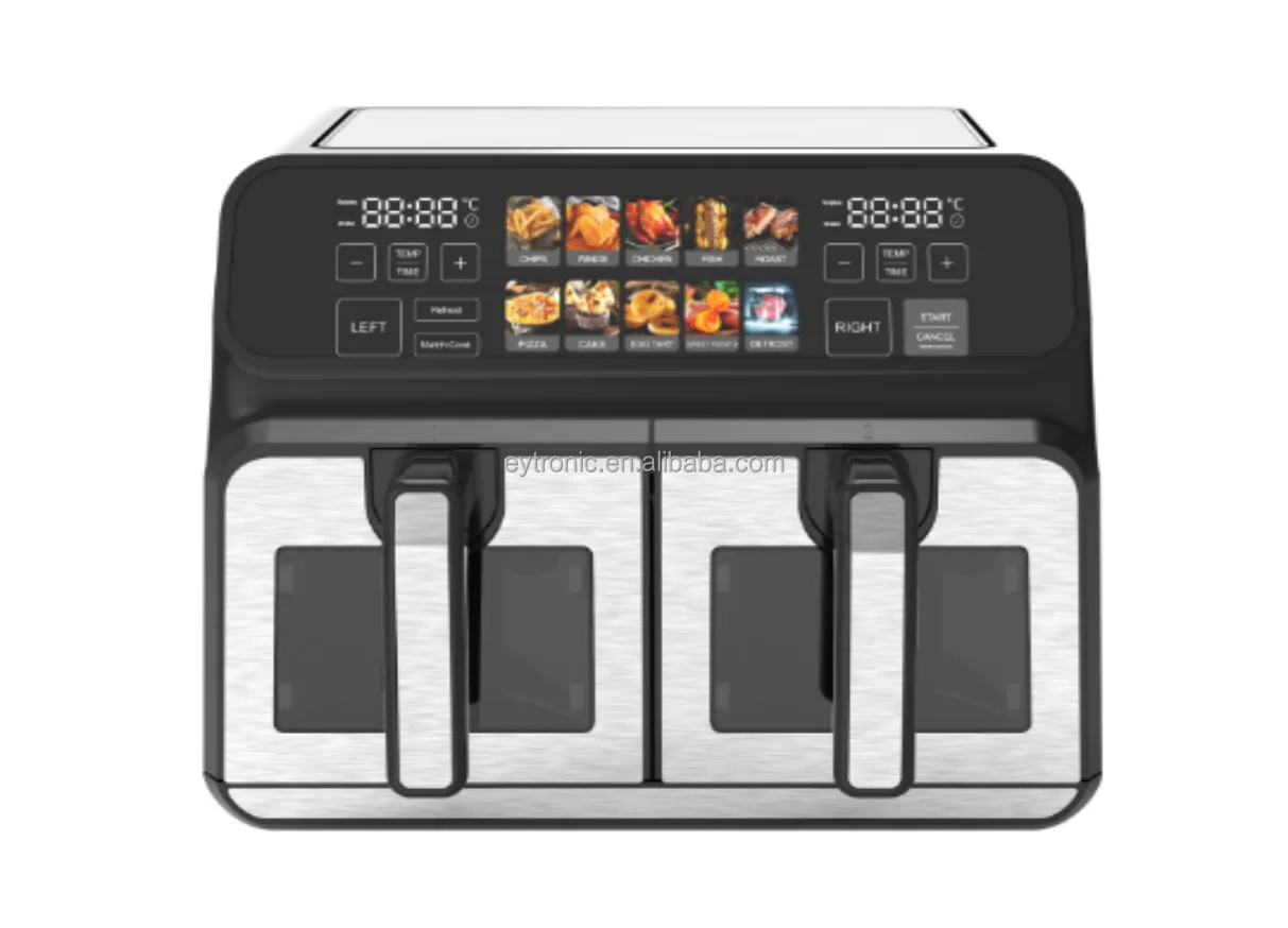 Newest LED Multicolored Screen 8L 9L 10L 11L XXL Visible Deep Dual Basket Air Fryer Oven with Low Frame Frequency and no Flicker