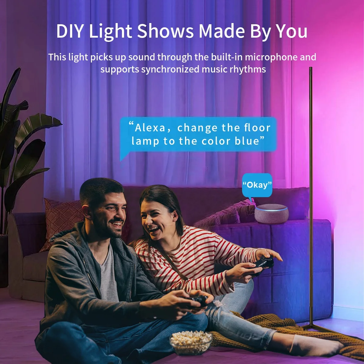 1.42m 14W RGBIC Floor Lamp LED Corner Lamp Works with Alexa For Living Room Controlled by Remote APP and Buttons