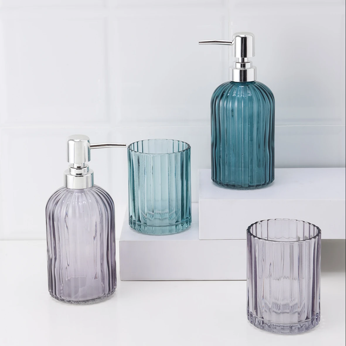 New glass soap dispenser set bathroom accessories blue glass bathroom accessories Bathroom Products Accessories