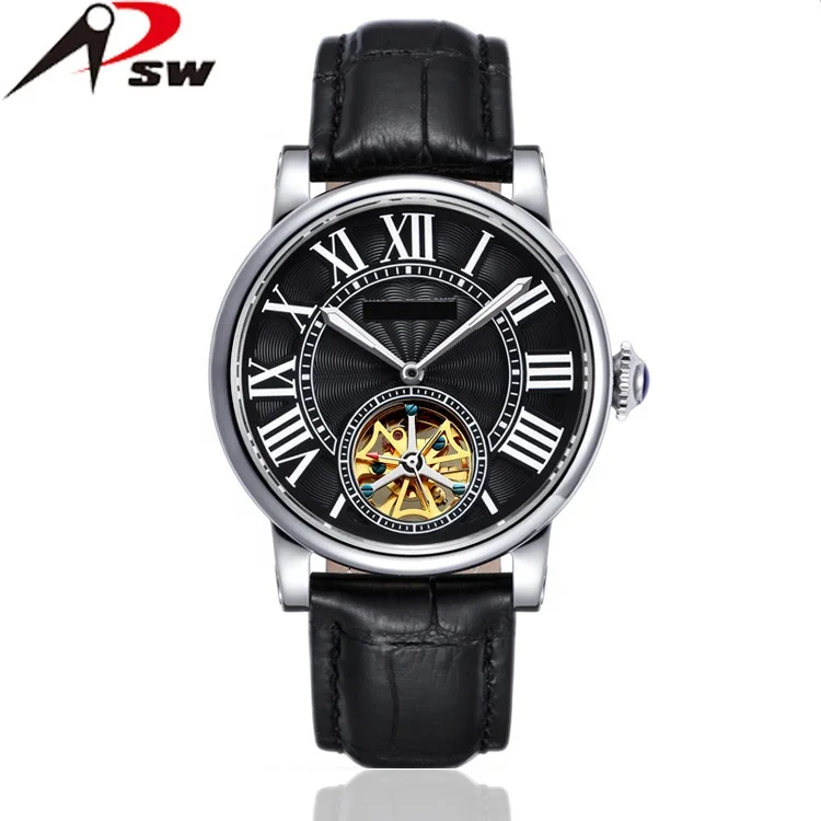 Custom Men Leather Mechanical Watch Skeleton Watch Mechanical Glass Stainless Steel Buckle Mineral Pearl Fashion Unisex