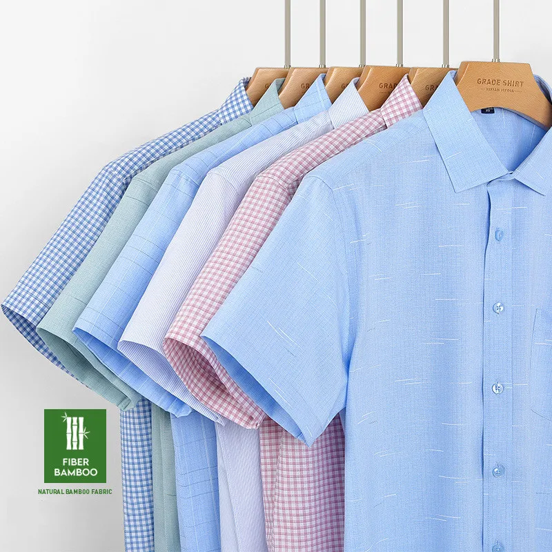 Мужская деловая Повседневная Формальная одежда мужская рубашка из бамбукового волокна в клетку летняя с коротким рукавом