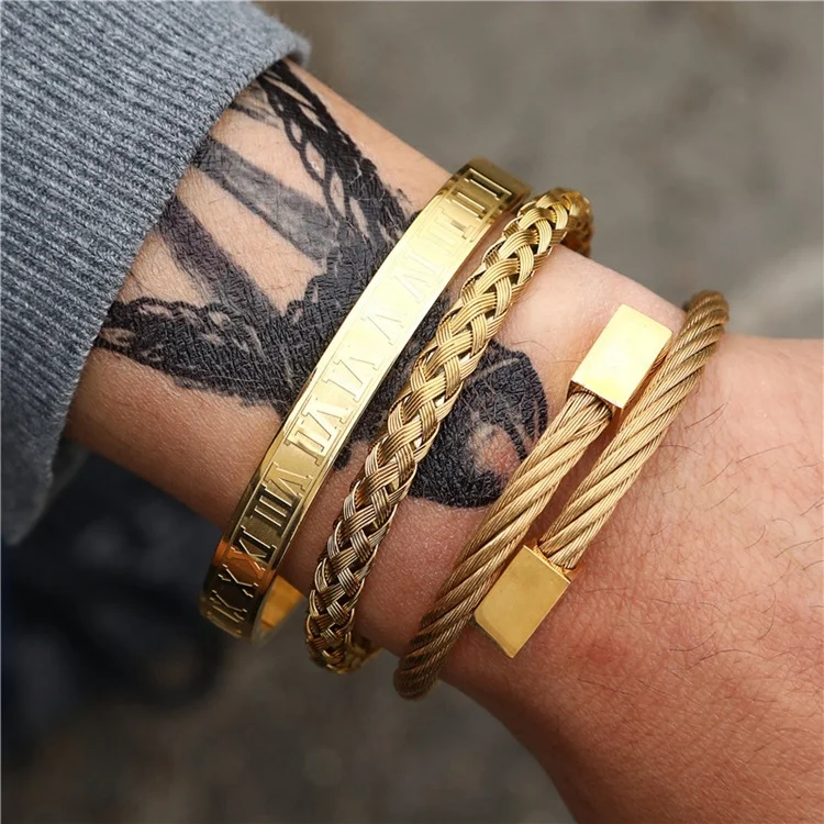 Punk retro gold wire bangle stainless steel bracelet men roman numeral bracelet