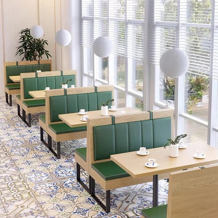 Custom Coffee Shop Furniture Commercial Solid metal seating cafe  wooden Restaurant booth square table and chairs Set