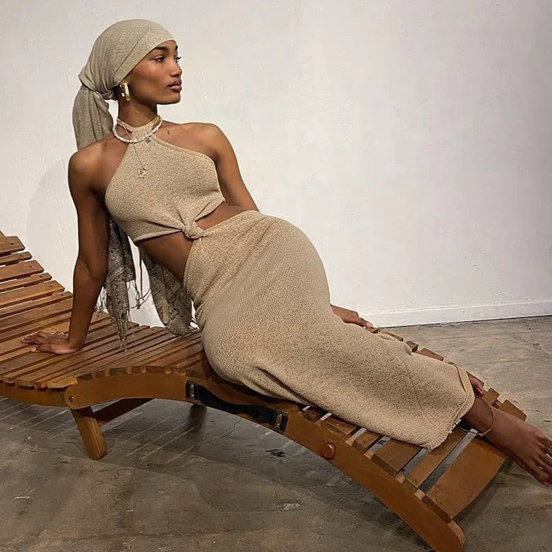 Custom Halter Backless Sexy Dress Women Summer Casual Vacation Clothing Waist Hollow Out Long Knitted Beach Dresses