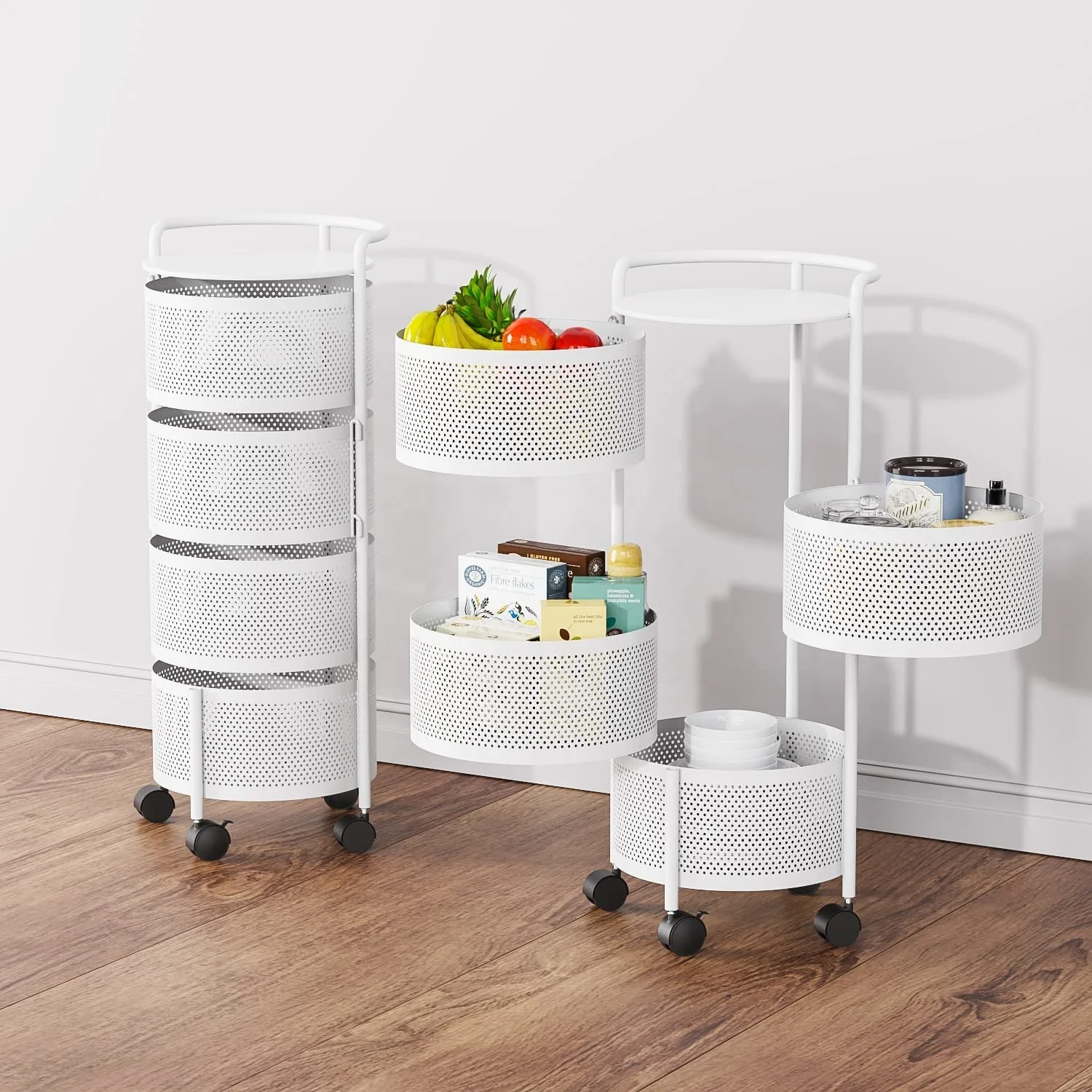 Rotating Storage Shelf Round Baskets Rack 5 Tier Kitchen Vegetable Fruit Storage Baskets And Racks Storage Rolling Trolley Cart