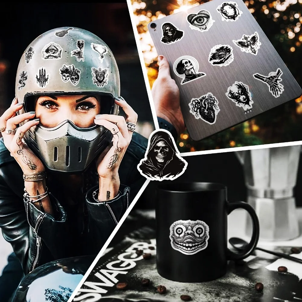 50 PCS Hot Selling Black & White Personality Gothic Style Stickers, Skull Cool Fashion Horror Series Waterproof Stickers