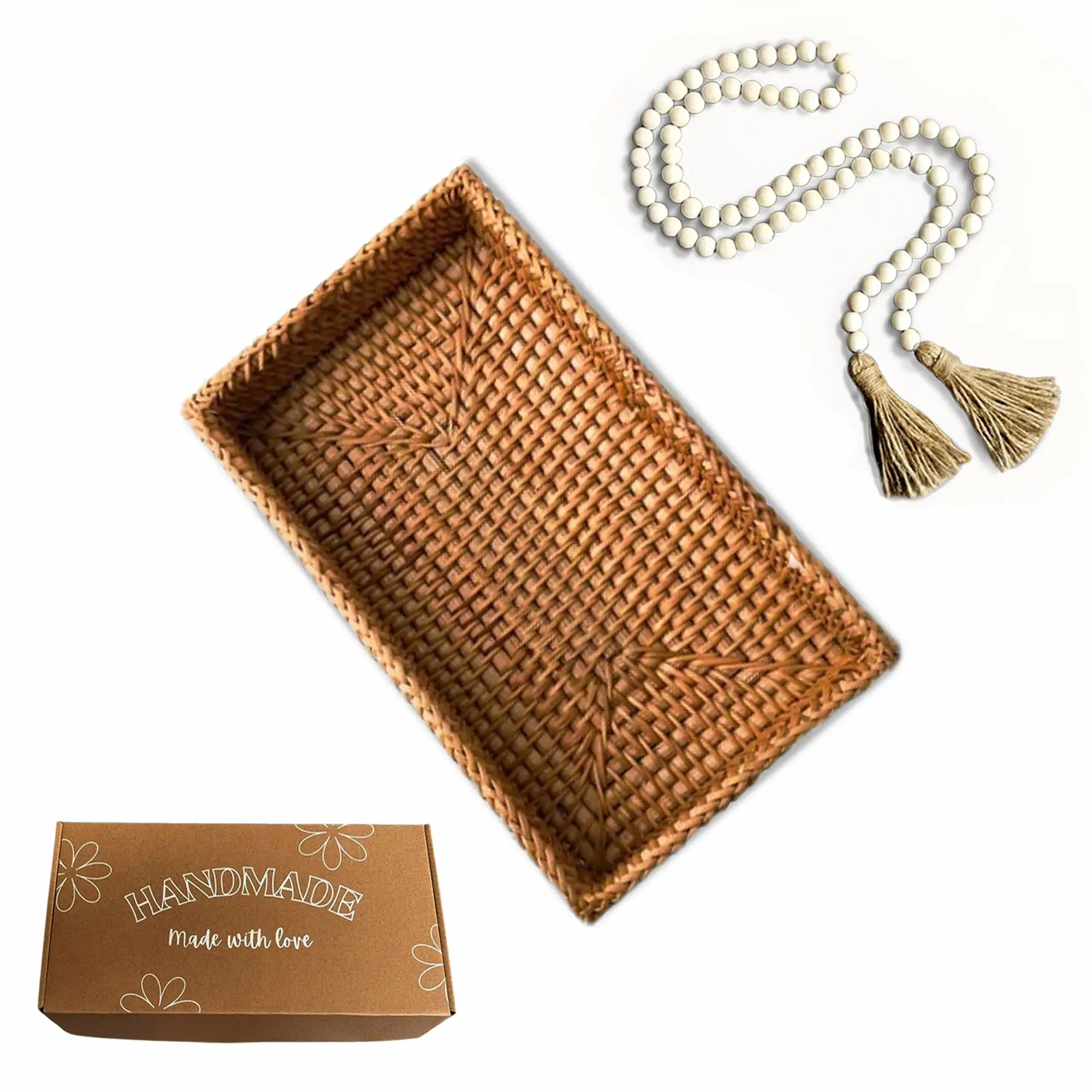 Custom hand made wood bead ring natural woven square candy basket decorative tray vegetable storage with wood bead paper box set