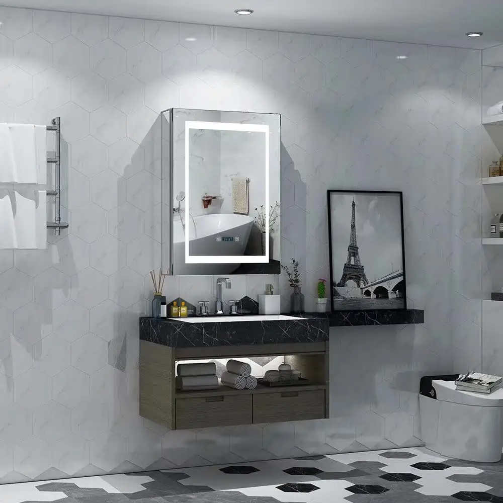 Bathroom Cabinet,LED illuminated one double sided mirror cabinet with shaver socket