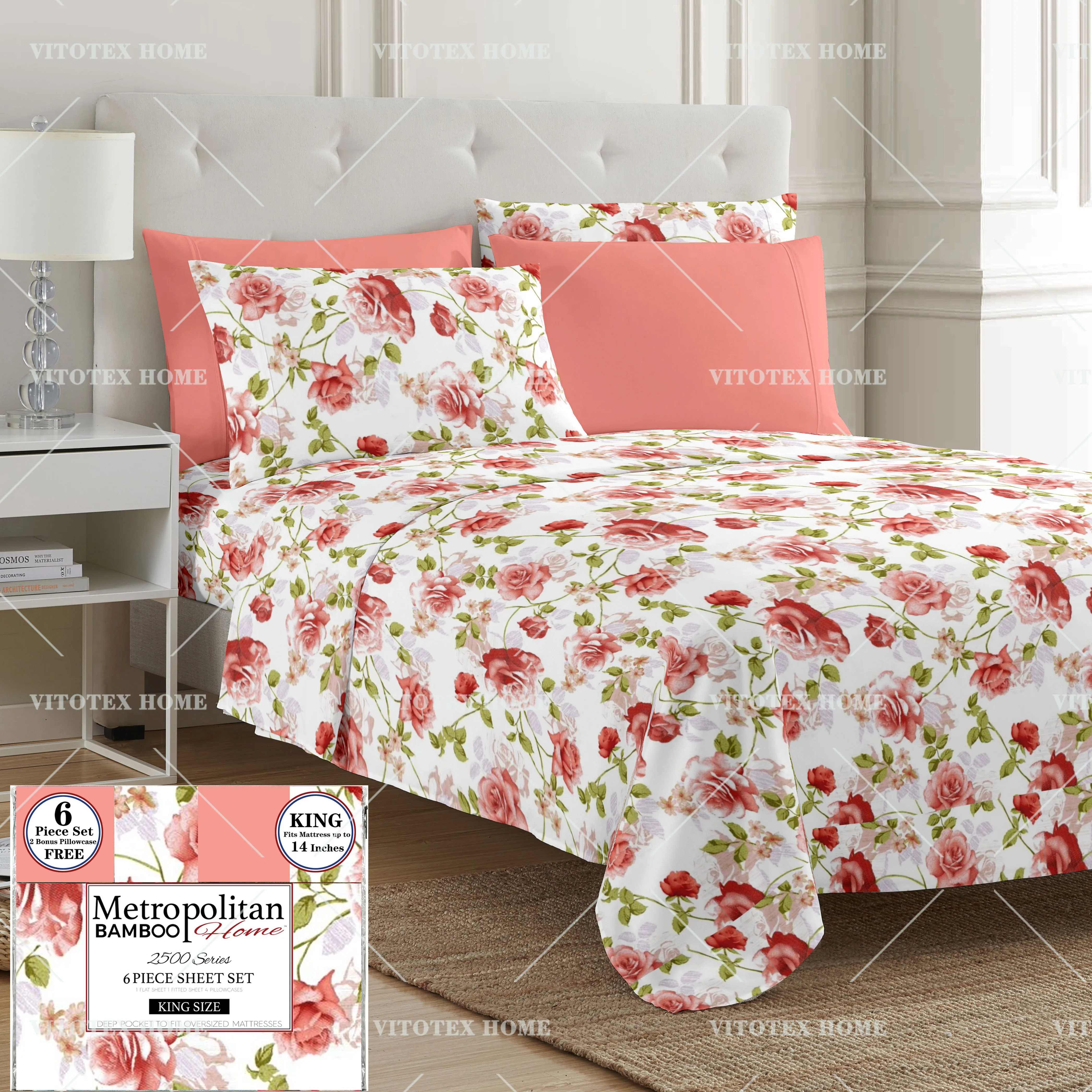 6 piece microfiber red flower design printed wedding bed sheet home textile bedding set King size