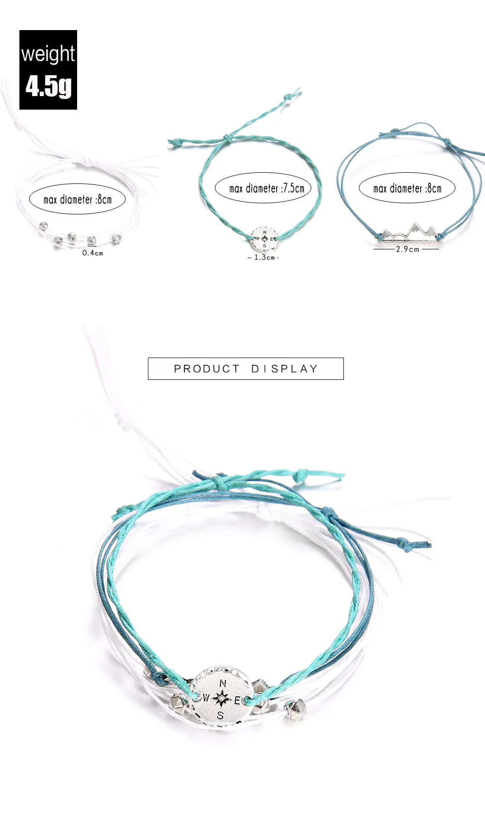 3PCS A Set Handmade Multi-layer Rope Braided Adjustable Custom Color Hand Woven Dainty Mountain Compass Charm Bracelets Women