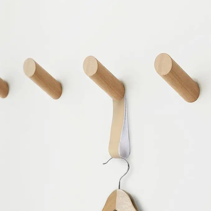 Wooden Hooks Wall Mount, No Damage Adhesive Hat Hooks, Decorative Coat Hangers for Hanging Clothes Towels Guitar Backpack Purse
