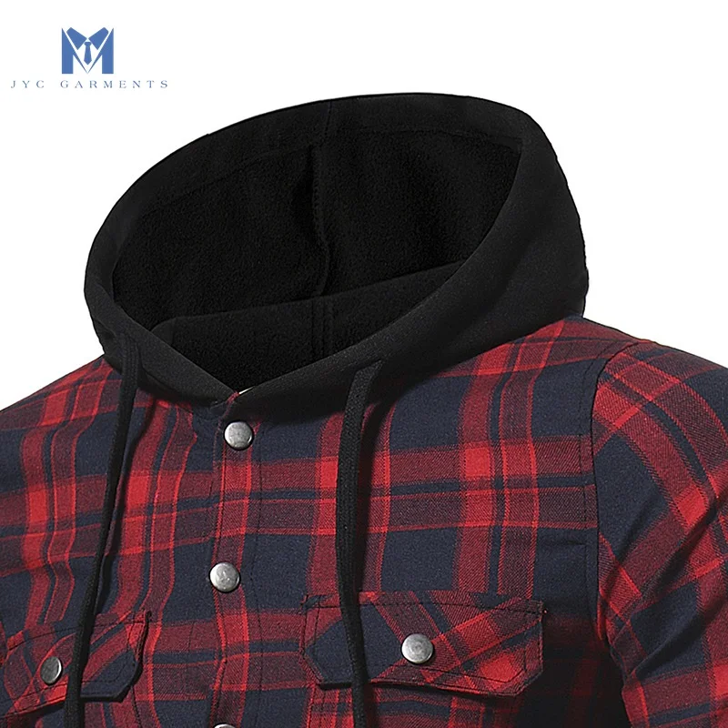 
2020 new style flannel big check double pocket long sleeve hooded flannel shirt 