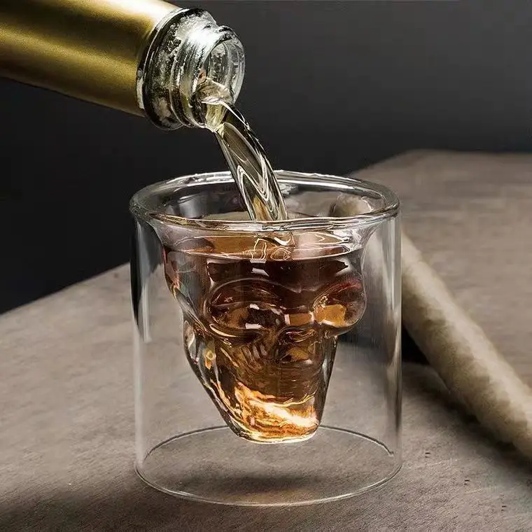 Double Wall Crystal Skulled Head Shape Whisky Shot Glass For Halloween Gifts Skulled Wine Whiskey Drinking Glass Cup