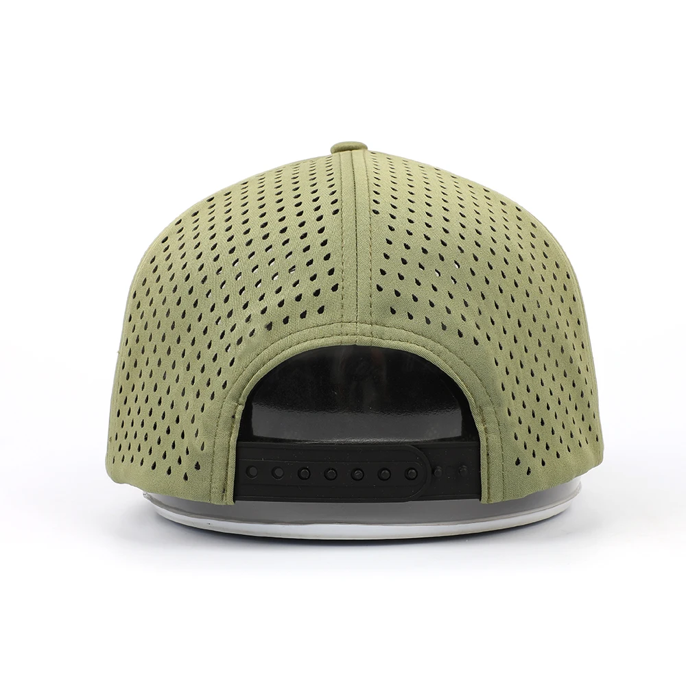 Oem Cheap Custom 5 Panel Men Blank Green Polyester Quick Dry Laser Cut Hat Breathable Perforated Hole Hat Flat Brim Snapback Cap