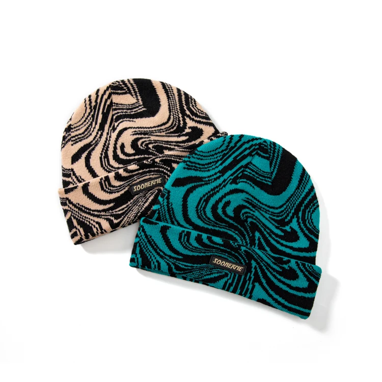 Winter Knitted Hat Logo Jacquard Beanie Unisex Y2K Beanie With Rubber Patch