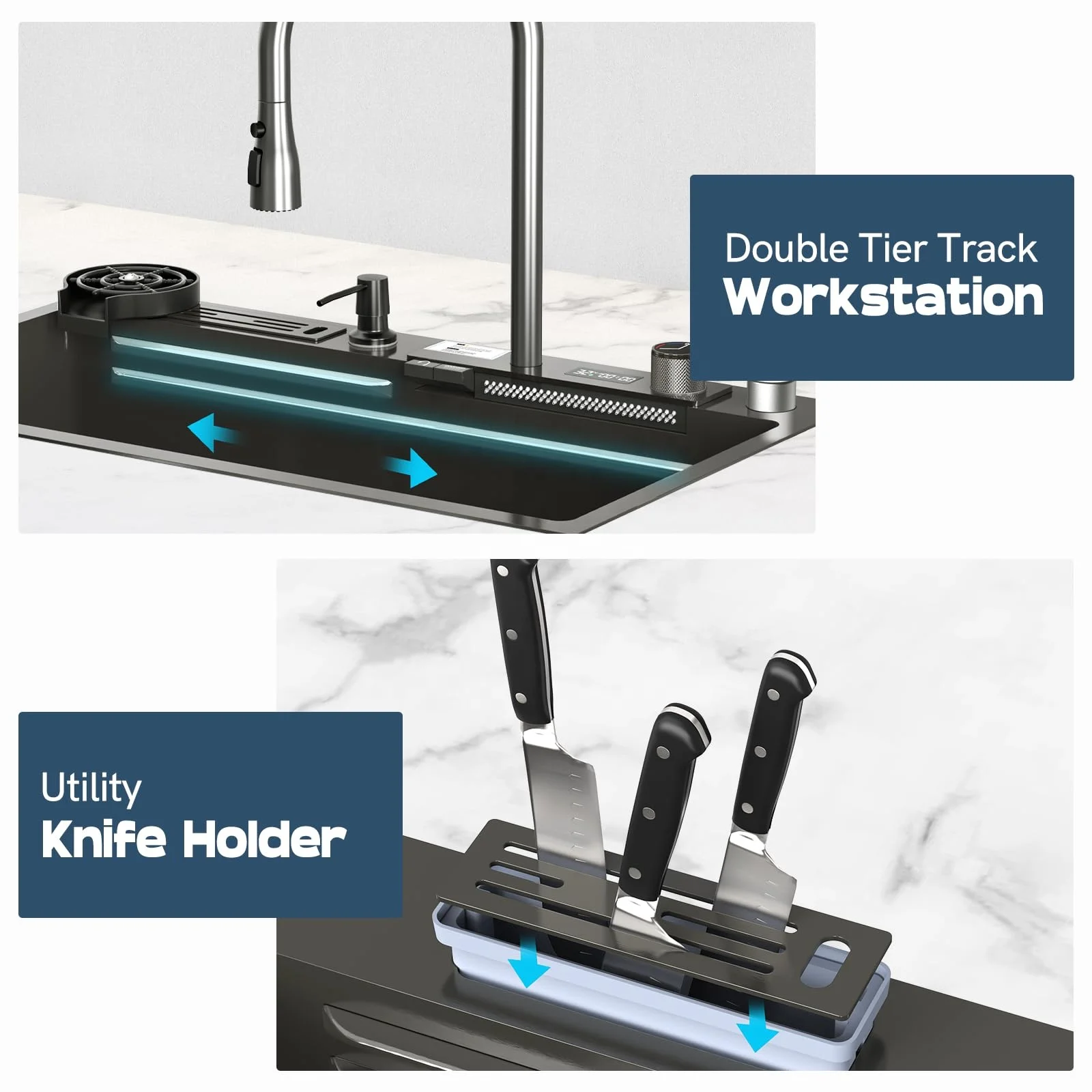 Voriva Modern smart kitchen sinks stainless steel Nano black Digital Display kitchen sink faucet single bowl kitchen sink set