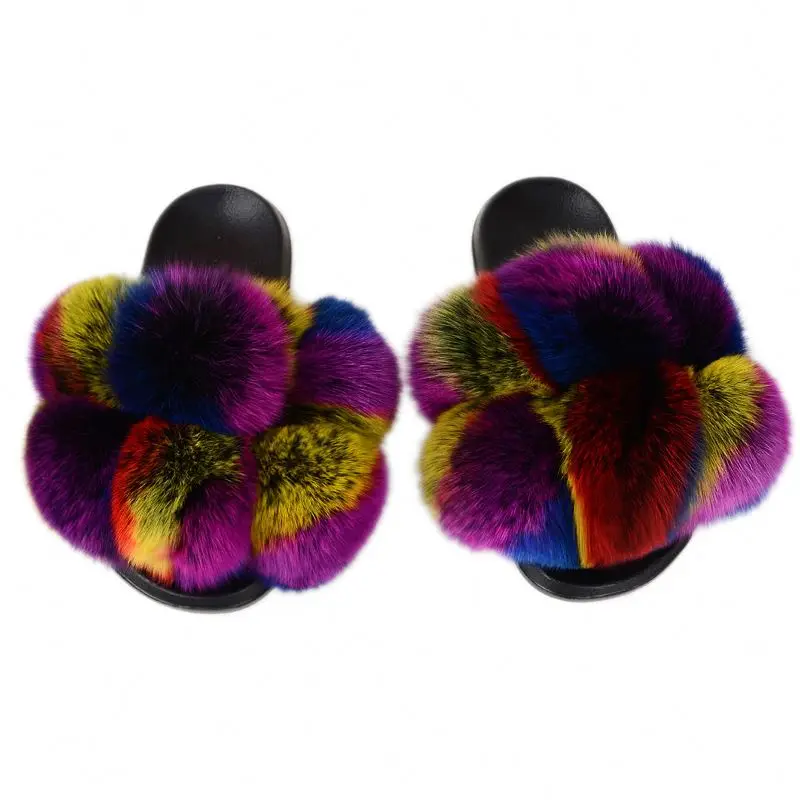 New Fashion Ladies Fox Fur Slippers Faux Futured White Furry Women Blue Slides Non-Slip Sheepskin Fuzzy Furcharm Real