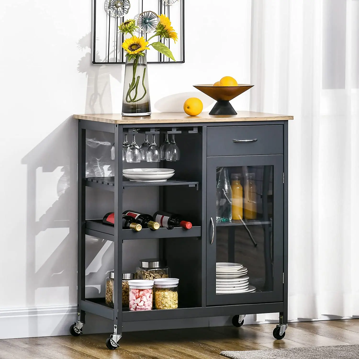Black Kitchen Trolley Economical Wooden Dining Car Living Room Furniture Modern Wood PB Iron MDF Furniture