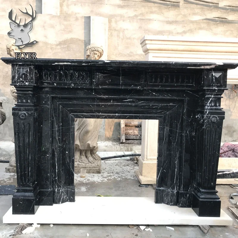 European High Quality Italian French Style Contemporary Fireplace Surround Black Marble Indoor Fireplace Mantel
