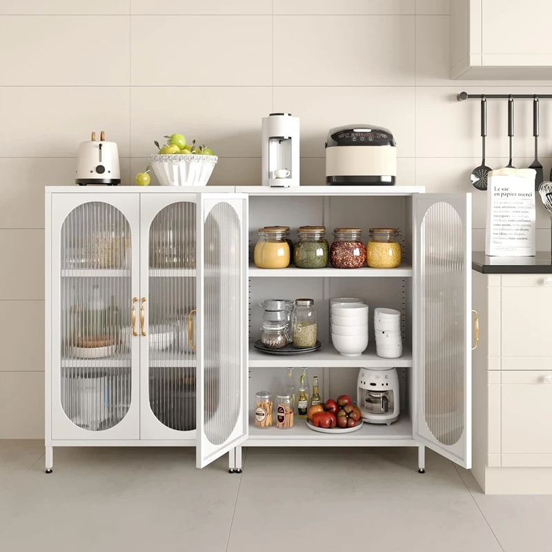 White 2 arched glass door living room kitchen metal sideboard storage cabinet with adjustable shelf