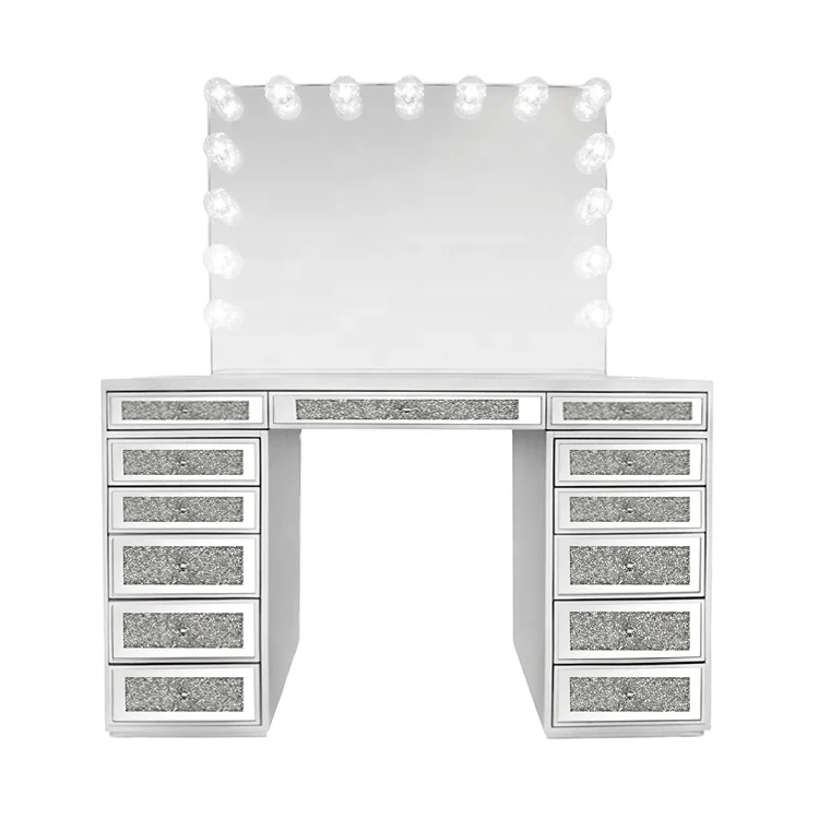 Hollywood Vanity Mirror Modern Silver Luxury Crushed Diamond Furniture Vanity Table With Led Light Makeup Mirror