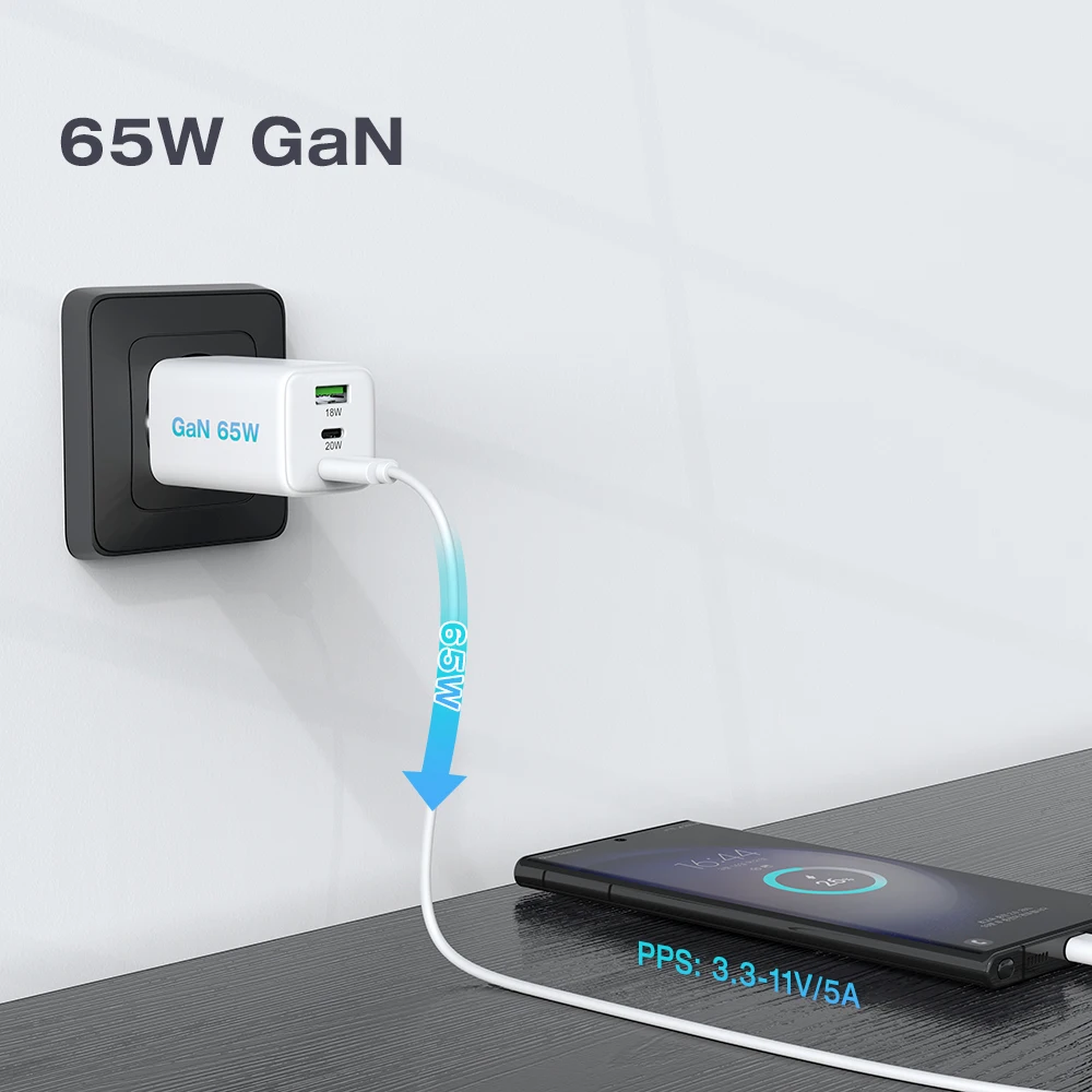 GaN PD 65W EU Multi-Port PD PPS QC Type-C Wall Phone Fast Charger for Laptop Tablet