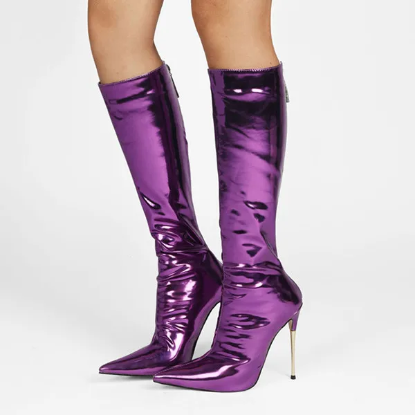 Factory Wholesale Women Metallic Stretchy Sock High Heel Boots Sexy Ladies Pointed Toe Kitten Heel Plus Size Boots