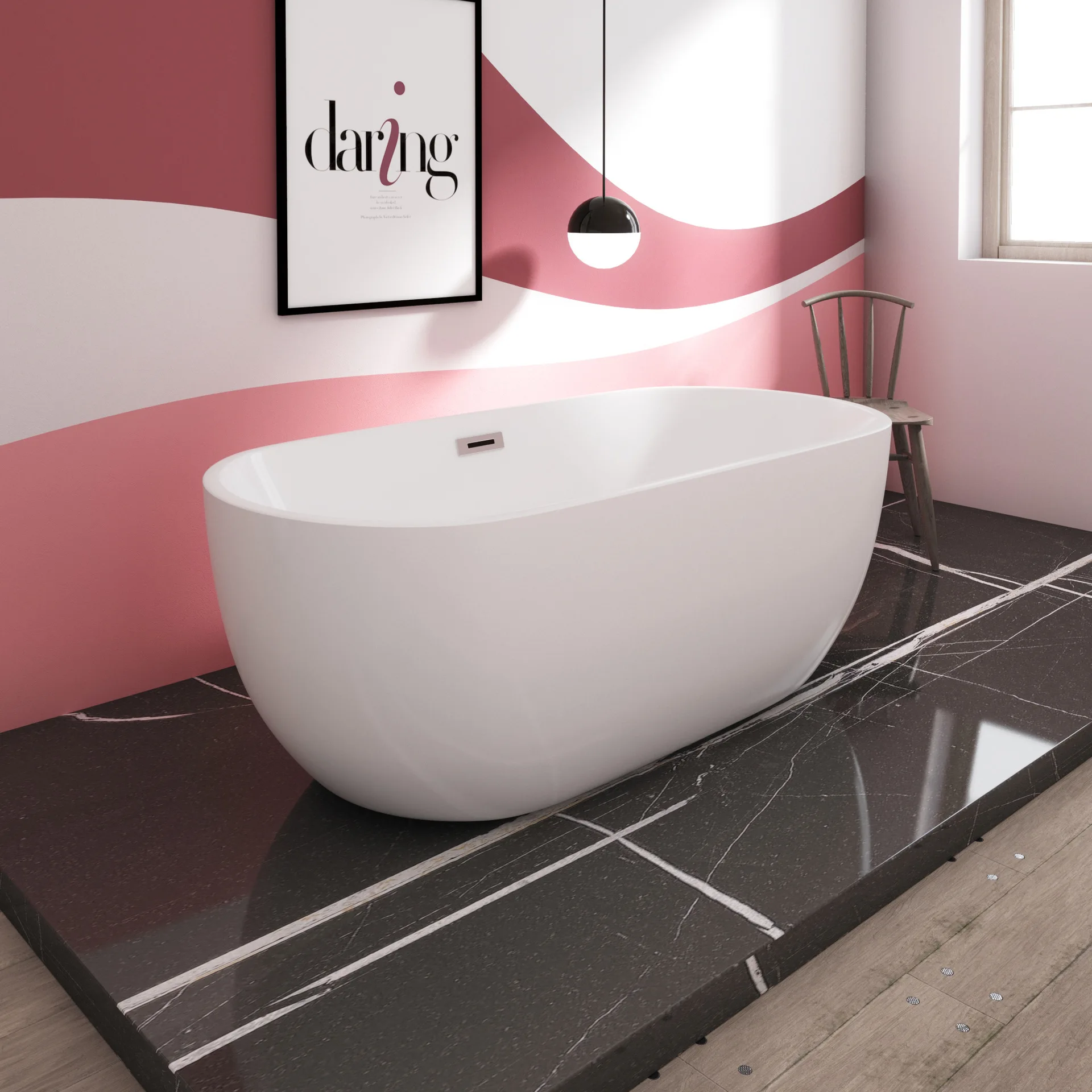 KD-B03 Guangdong Sale Popular Modern Freestanding Acrylic Bathtub Shiny White Color Oval Shape Shower Tub without Faucet Holes