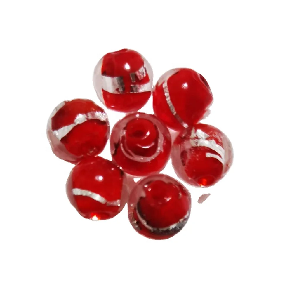 8mm Red Silver Foil Line Focal Beads Handmade Round Crystal Beads Lampwork Murano Glass Beads For Jewelry Necklace Bracelet Kits