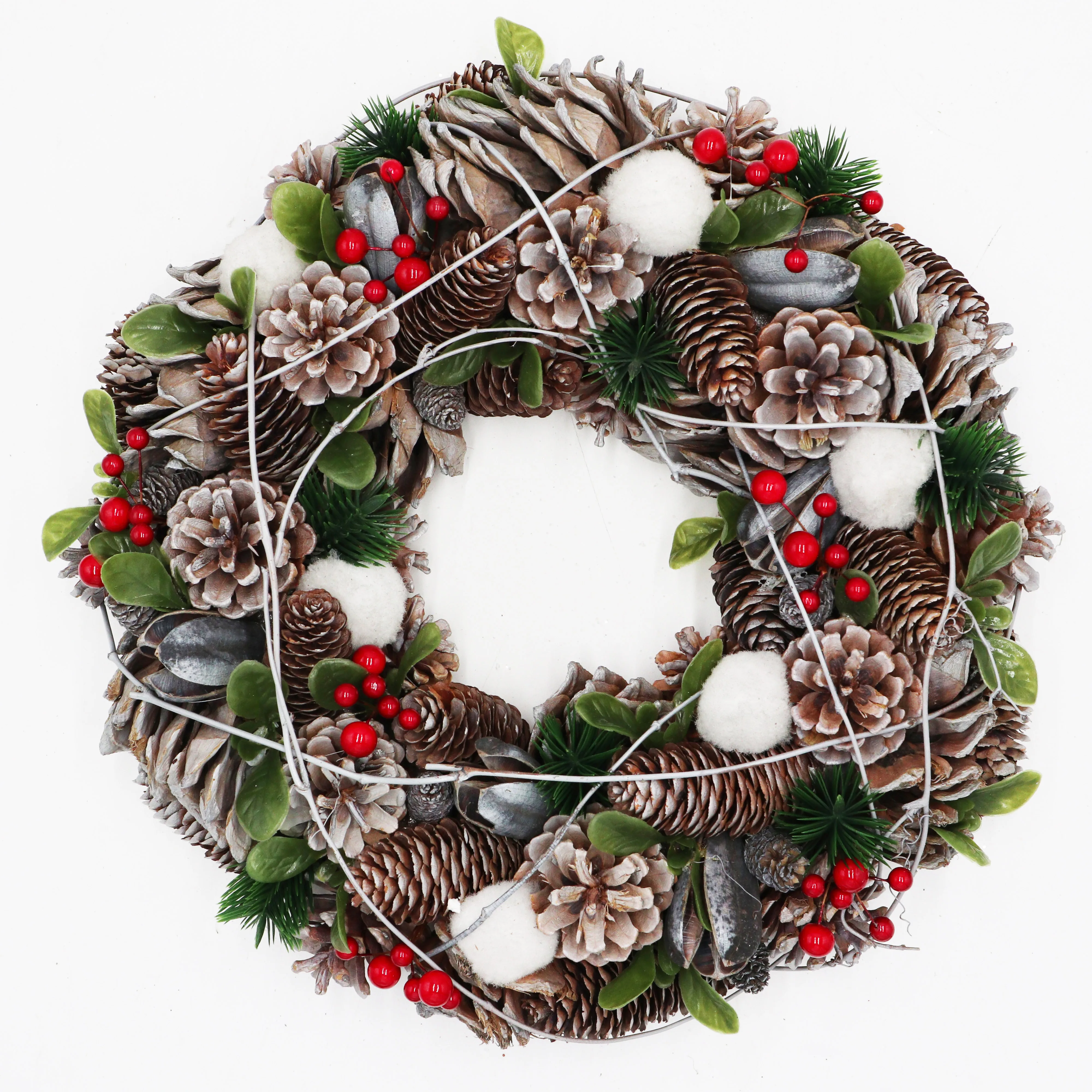Hot Sale 14 Inch Pine Cone Candle Ring With Plush Ball Wreath  Handcrafted Christmas Wreath Decor artificial flowers