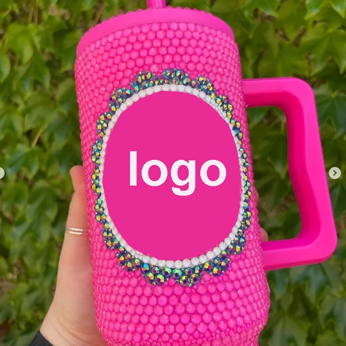 Bling Design Studded Rhinestone Diamond Cute Bling Straight Cup the Cow Pattern Water Bottle with Lid and Straws