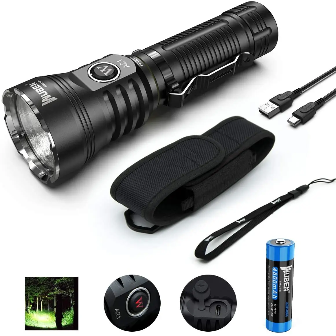 Wuben A21 4200 High Lumens Portable 4800mAh 21700 Li-ion Battery IP68 Waterproof Tactical Flashlight