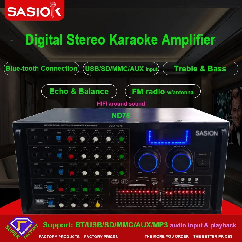 Mic echo/delay ND75 HIFI sound 22-band EQ BT/USB/SD/MMC/AUX/MP3 audio input stereo blue-tooth karaoke amplifier speaker FM radio