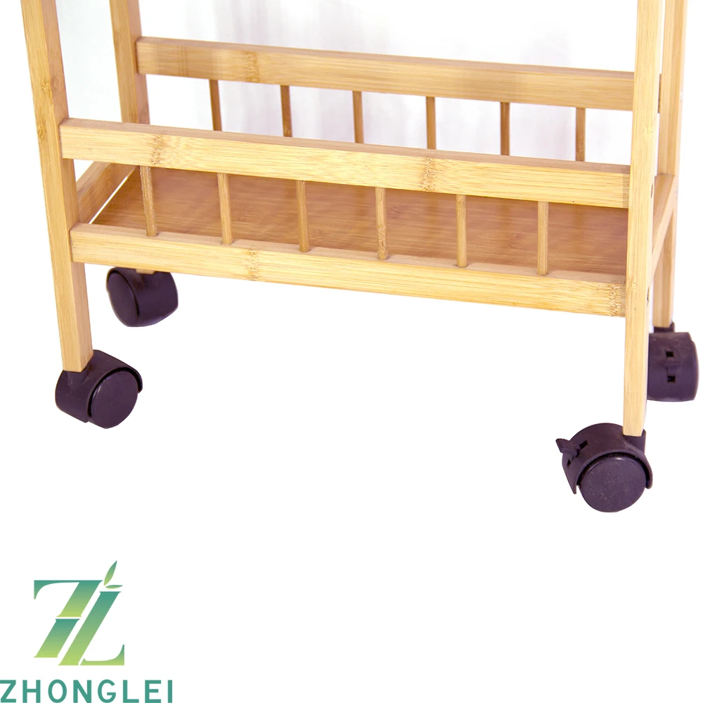 Eco-friendly Natural Bamboo Serving Rack Rolling Kitchen Trolley Cart Wood With 3 Shelves and Locking Wheels