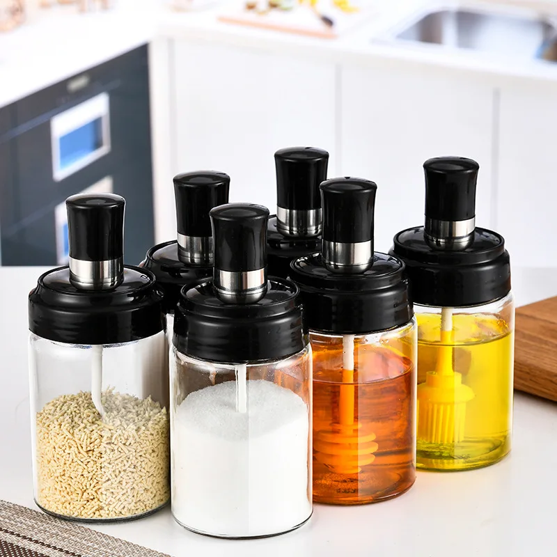 250ML Pepper Cruet Oil Bottle Spoon Cover Glass Honey Seasoning Bottle Moistureproof Kitchen Condiment Spice Jar