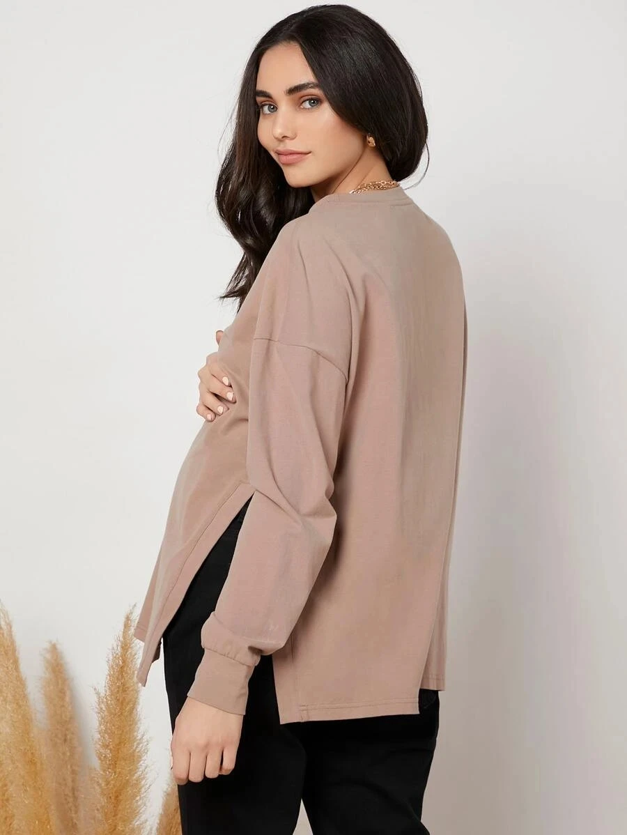 Wholesale New Fashion High Quality Maternity Drop Shoulder Slit Hem Tee maternity clothes clothing