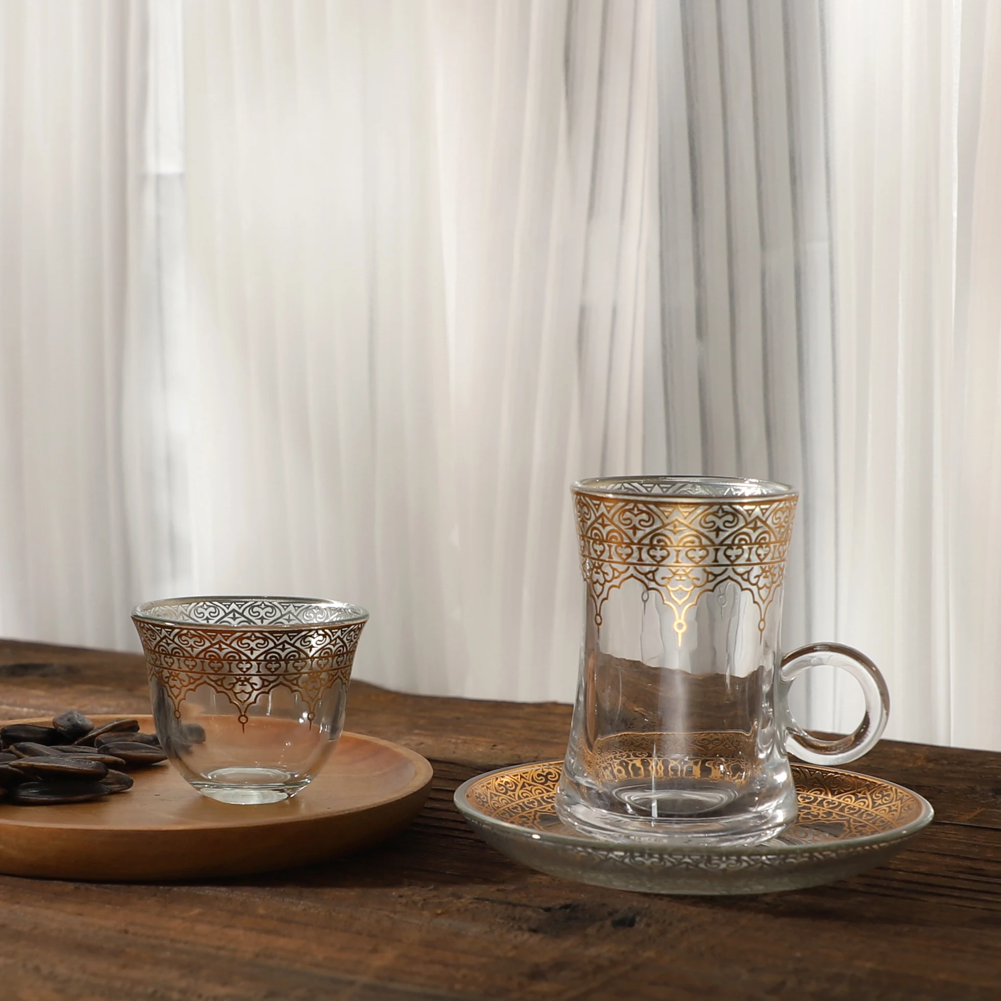 Wholesale Middle east Arabic glass tea Coffee Cups with Saucers Set, Reusable espresso cup set With Gold Rim for Ramadan month