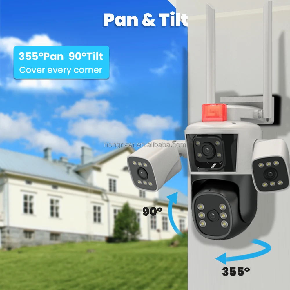 Factory Price 6K Full HD Three Lens Wireless WiFi Surveillance PTZ IP CCTV Cameras 360 Outdoor WiFi Security Camera