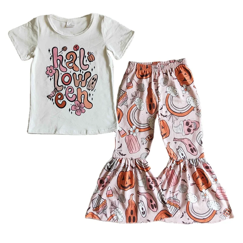 Baby Girl Halloween Skull Candy Rainbow Flower Pumpkin Clothes Toddler Bell Pants Wholesale Kids Set Infant Children Fall Outfit