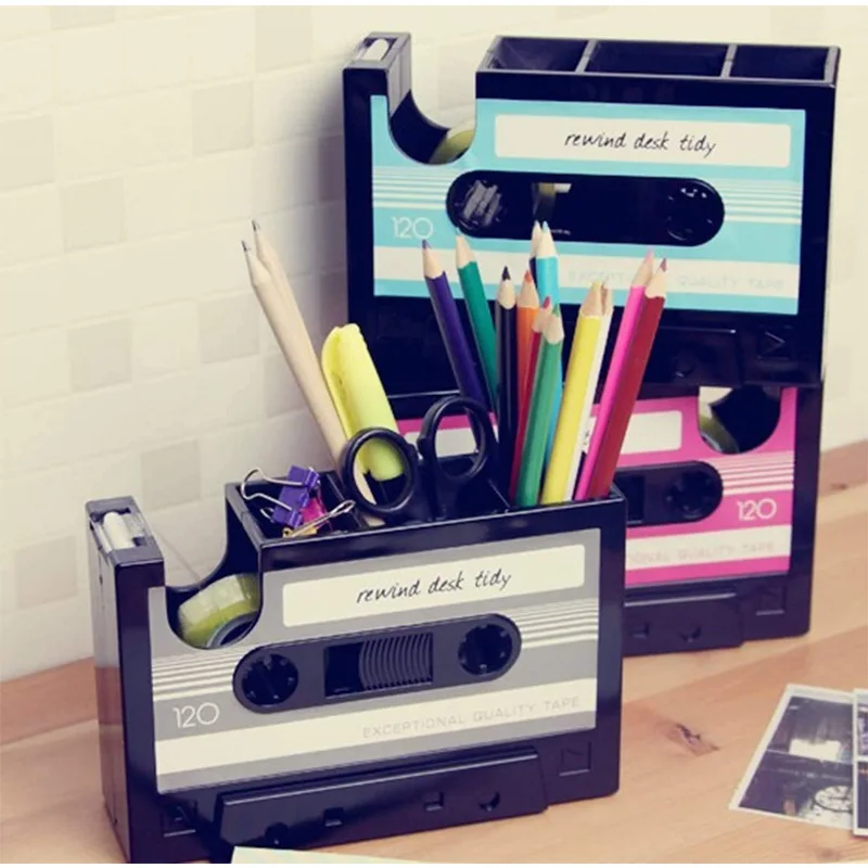 2 In 1 Multifunctional Pen Holder Creative Office Desk Stationery Organizer Retro Cassette Tape Dispenser Pen Holder Gift