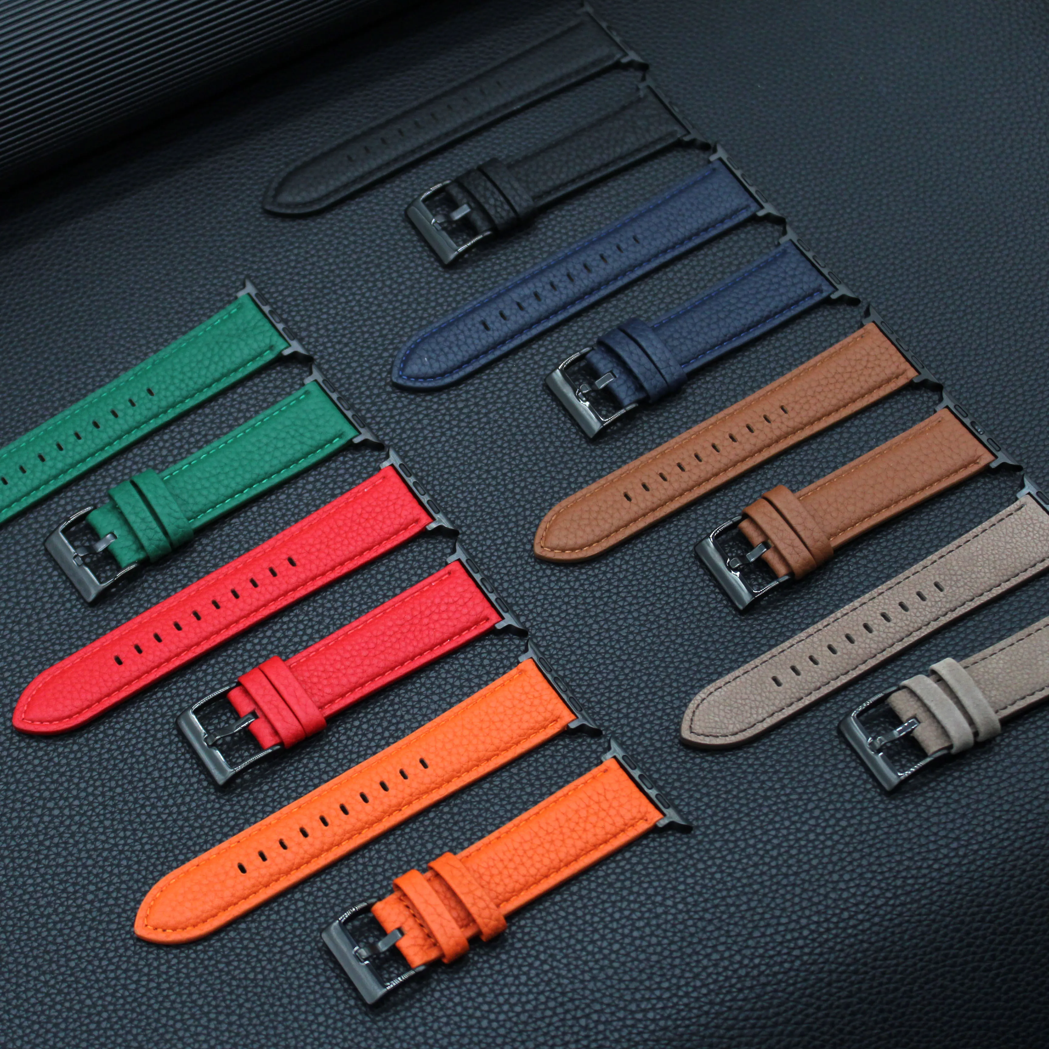 Litchi Grain Genuine Leather Watch Band Cowhide Pressed Thread  Leather Watch Strap for IWatch Series Ultra 7 6 5 4 SE Wristband