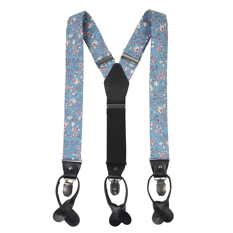 wholesale custom blue white pink floral print cotton men`s suspenders with pu earring
