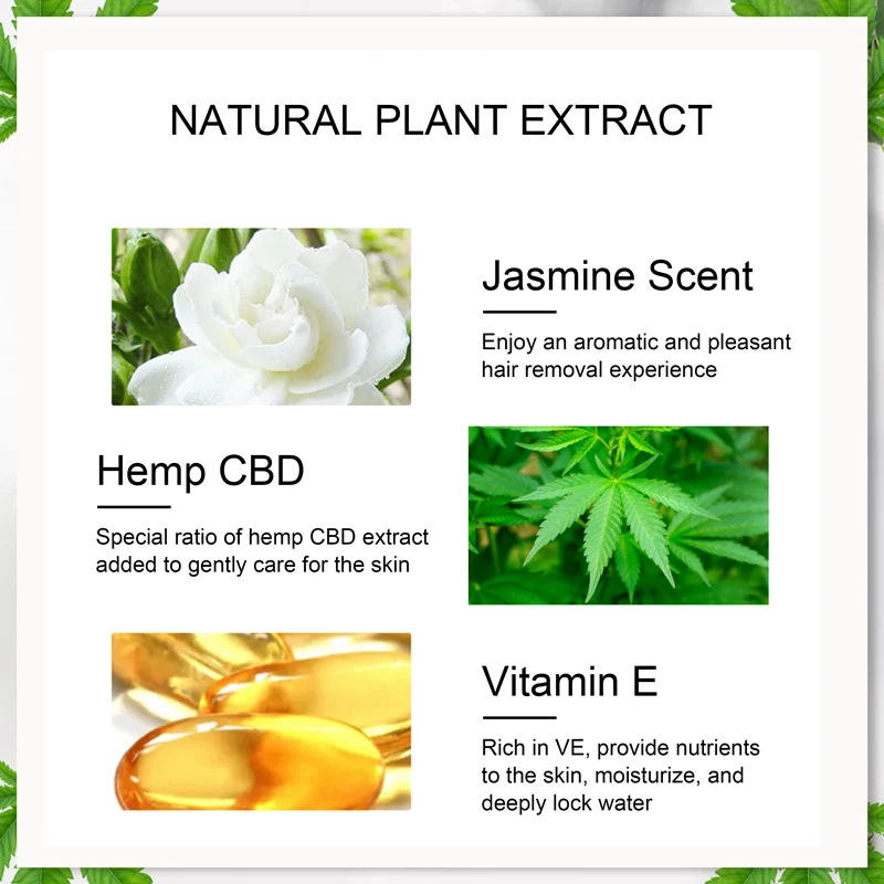 
Premium Hair Removal Cream Painless Depilatory for Sensitive Skin, Underarm, Leg and Bikini Body Hemp CBD for People 